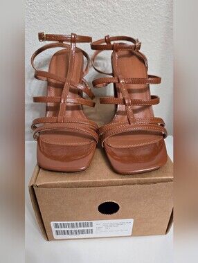 ASOS DESIGN Nobel Caged Block Heeled in Tan Patent Size 8 Like New